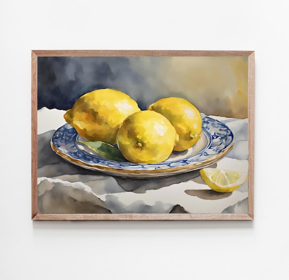 Zitronen Teller Bilder Küche Aquarell Malerei Stillleben Aquarellbilder Kunstdruck Landhaus Deko moderne Kunst
