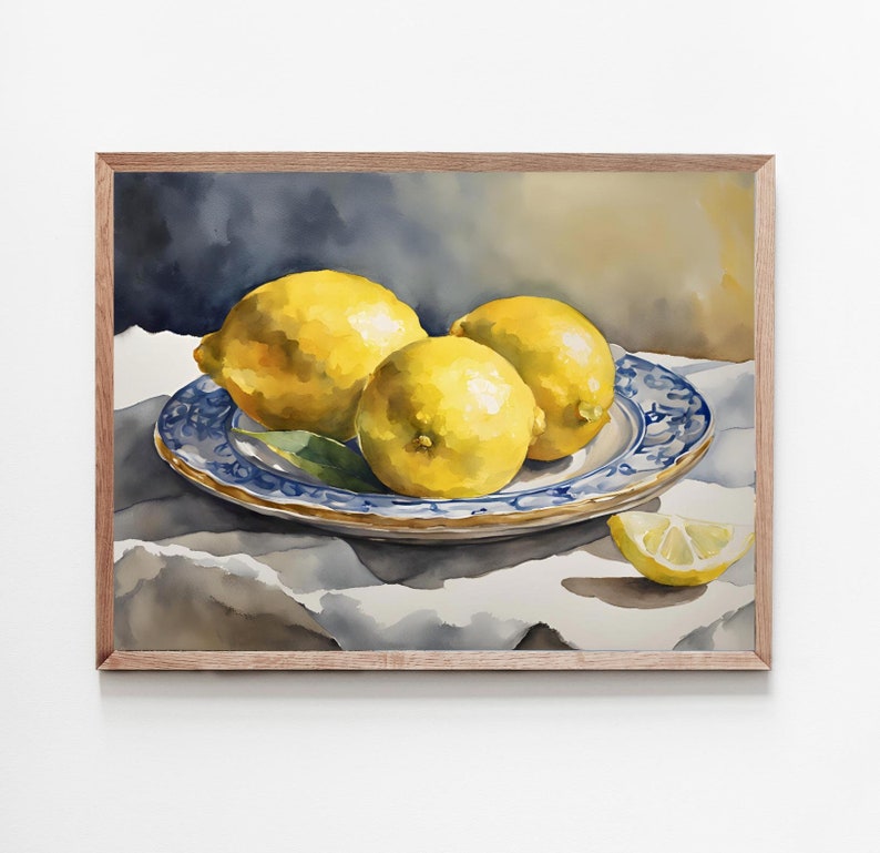Lemon on the vintage plate watercolor painting art print still life kitchen wall decor.