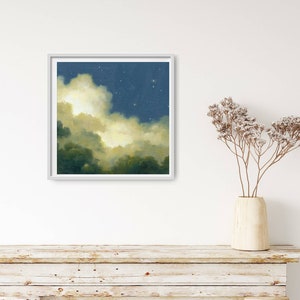 May include: A painting of a night sky with fluffy white clouds and a few stars. The clouds are illuminated from below, creating a soft glow. The sky is a deep blue.