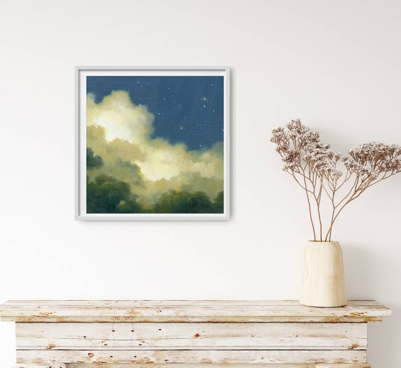 May include: A painting of a night sky with fluffy white clouds and a few stars. The clouds are illuminated from below, creating a soft glow. The sky is a deep blue.