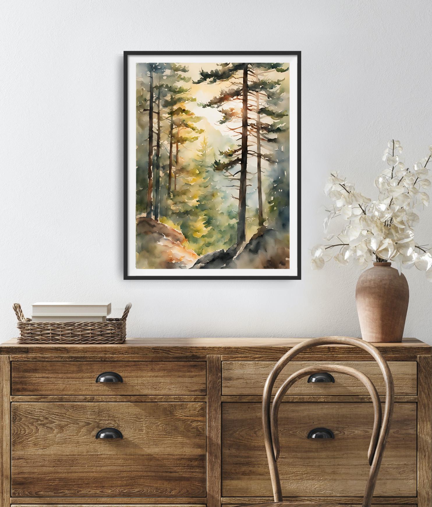 Pine Trees Painting Sunrise Forest Art Print Watercolor Landscape Sunny ...