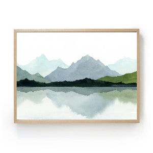 Mountain lake watercolor fine art print blue green mountains painting large neutral landscape print minimalist wall art panoramic landsape