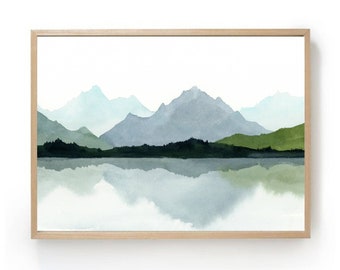 Mountain lake watercolor fine art print blue green mountains painting large neutral landscape print minimalist wall art panoramic landsape