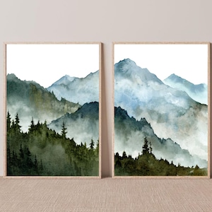 Mountain Wall Art Set Of 2 Watercolor Paintings Large Minimalist Art Print Pine Tree Forest Prints Light Blue Art Neutral Wall Decor