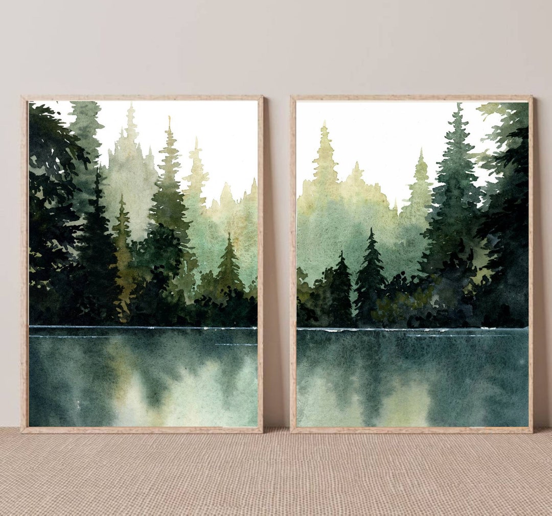 Forest Lake Painting Watercolor Art Print Set Abstract Landscape Pine ...