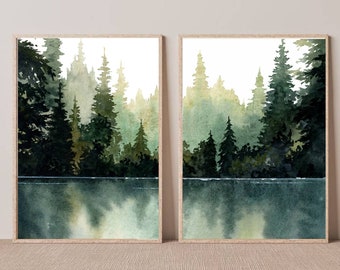 Conjunto de imagens em aquarela de lago florestal com 2 imagens de paisagem abstrata impressas em arte sala de estar floresta de abeto azul verde bege