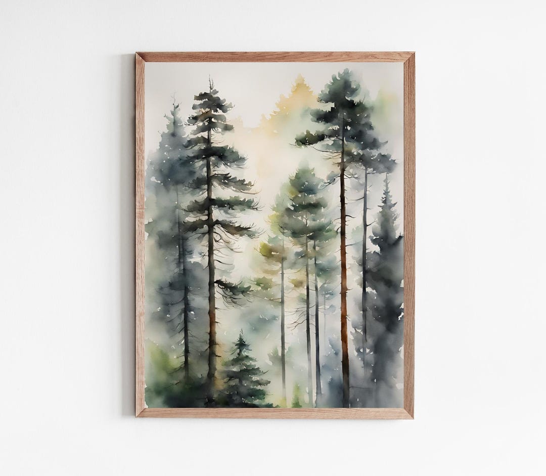 Dark Green Forest Painting Pine Trees Art Print Watercolor Landscape ...