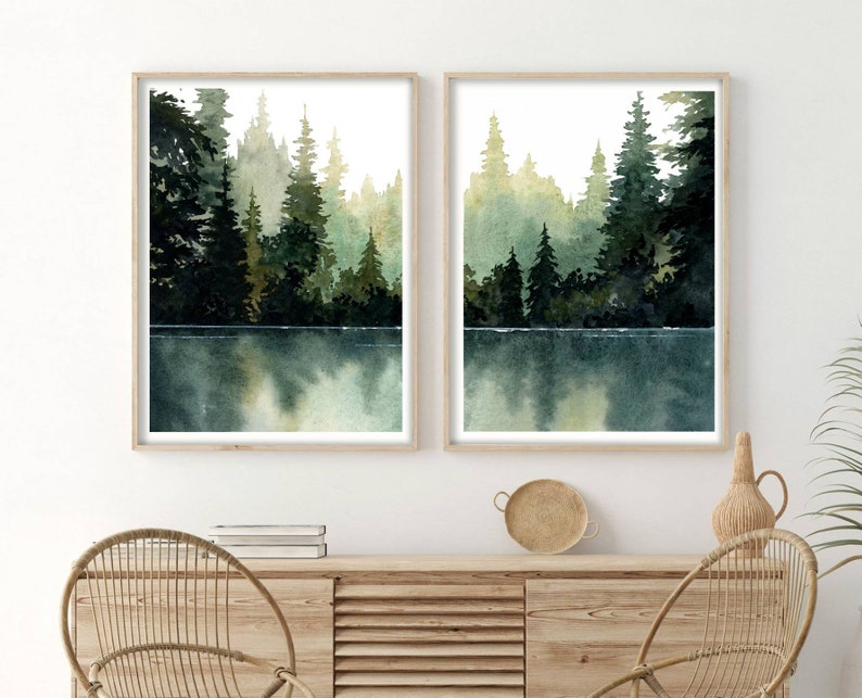 Forest Lake Painting Watercolor Art Print Set Abstract Landscape Pine ...