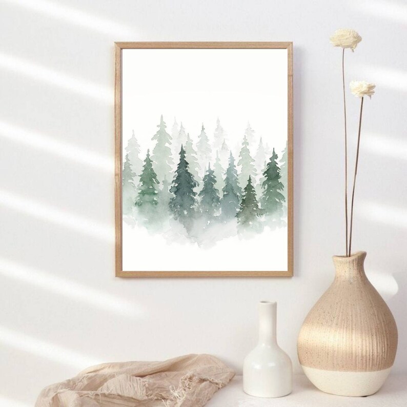Pine Tree Print Watercolor Painting Pine Forest Large Wall Art Foggy ...