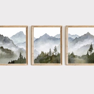 Blue mountain wall art set Mountain forest art prints Panoramic landscape Watercolor painting print 3 piece Minimalist wall decor image 2