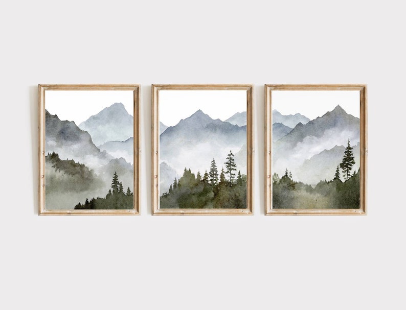 Blue mountain wall art set Mountain forest art prints Panoramic landscape Watercolor painting print 3 piece Minimalist wall decor image 2