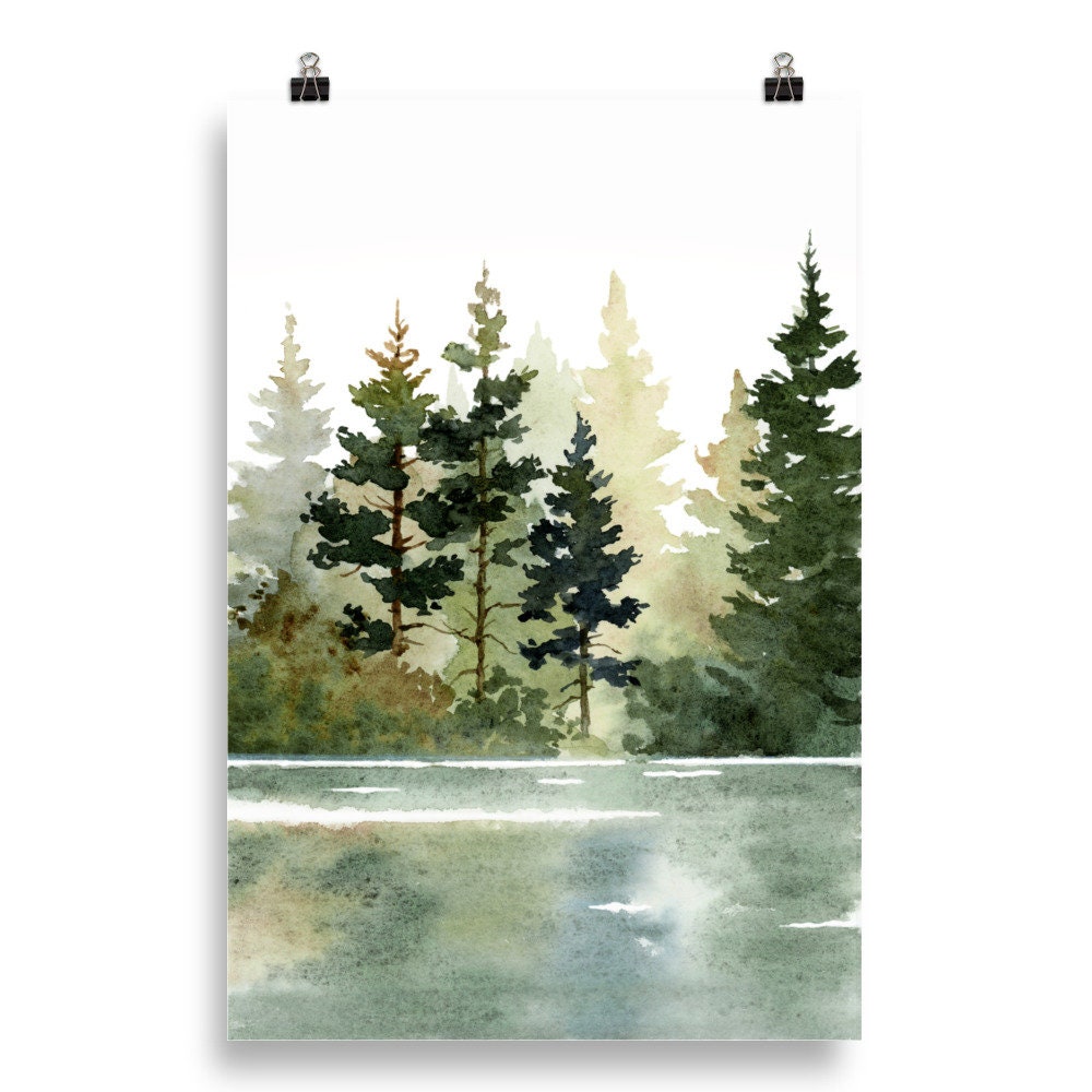 Wall Art Set of 3 Mountain Forest Large Art Prints Pine Tree Painting ...
