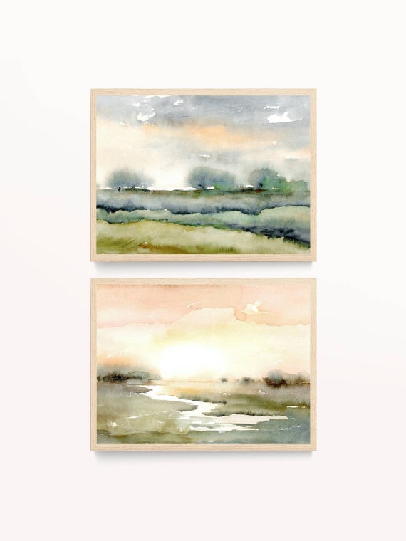 Set von 2 Aquarellbilder Landschaftsmalerei abstrakt Kunstdruck Aquarell Landschaft Himmel und Land Sonnenuntergang Bilder Wohnzimmer