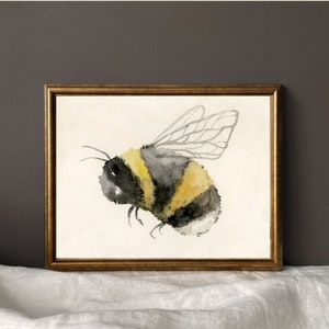 May include: Watercolor painting of a bumblebee with black and yellow stripes and translucent wings. The bee is painted in a realistic style with delicate details.
