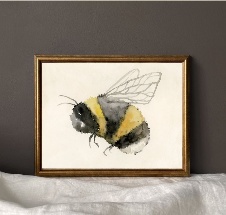 May include: Watercolor painting of a bumblebee with black and yellow stripes and translucent wings. The bee is painted in a realistic style with delicate details.