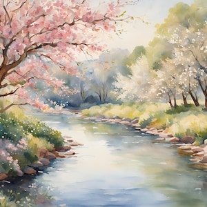 Immagini di paesaggi primaverili Albero in fiore Stampa ad acquerello Paesaggio fluviale Poster di pittura Immagini Soggiorno Arte moderna Decorazione primaverile