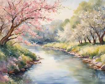 May include: A watercolor painting of a river flowing through a lush forest. The trees are in bloom, with pink and white flowers. The river is calm and reflective, with sunlight shining on the water.