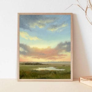 Oil painting sunset fine art print sunset field wall art small landscape cloud painting cloudy sky print countryside landscape image 3