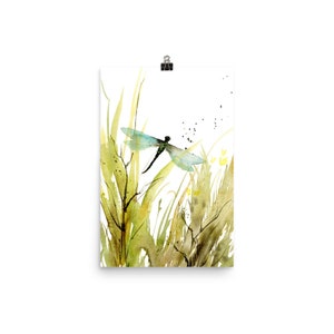 Meadow painting abstract, dragon fly art print, botanical poster, wildflowers wall art, spring green wall art, moody print dragonfly (30x45cm) 12×18 inches