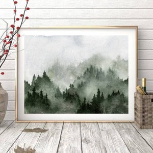 May include: A watercolour painting of a misty forest scene with green trees and a light grey background.