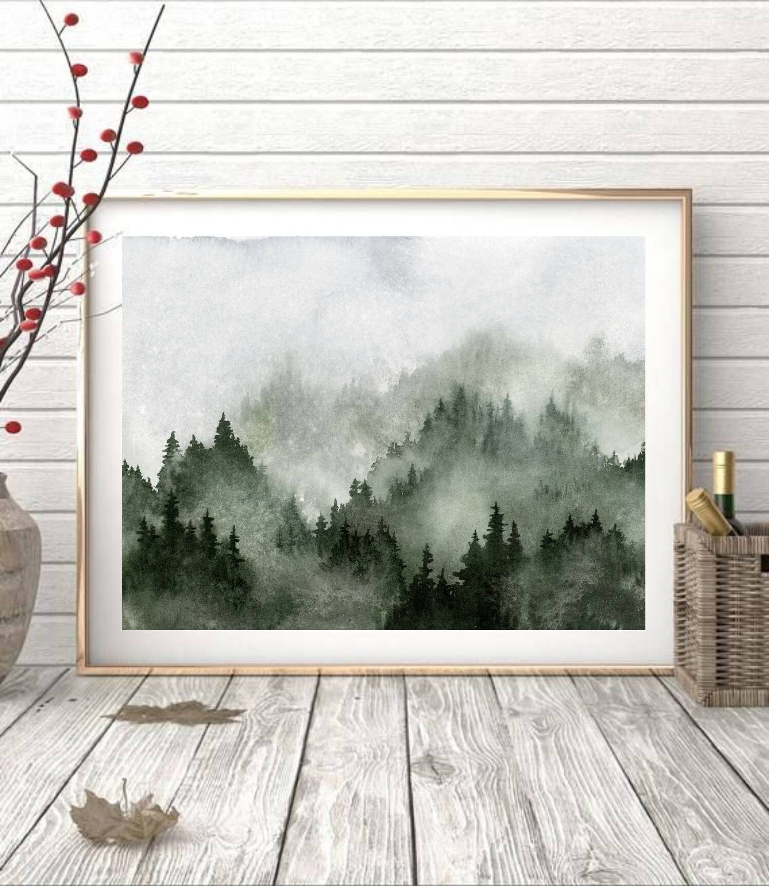 Large Pine Tree Wall Art Misty Forest Print Panoramic Landscape Teal ...