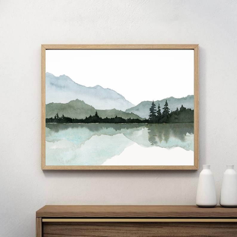 Watercolor Painting Mountain Lake Large Minimalist Wall Art Pine Forest ...