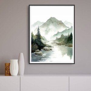 Mountain River Painting Print Pine Tree Wall Art Watercolor Landscape ...
