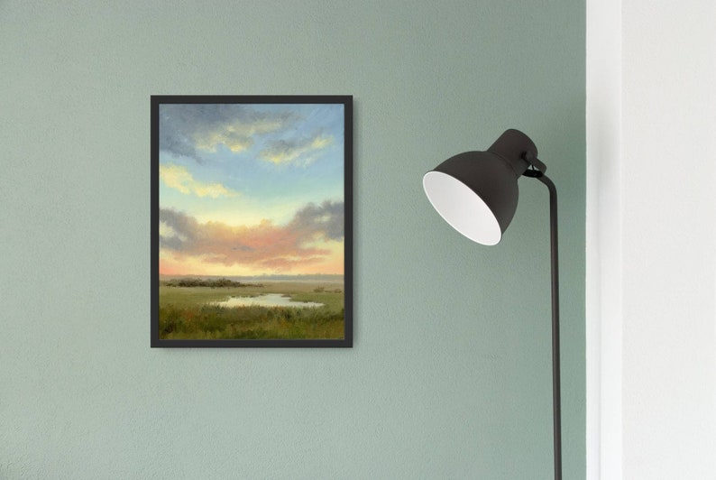 Oil painting sunset fine art print sunset field wall art small landscape cloud painting cloudy sky print countryside landscape image 6