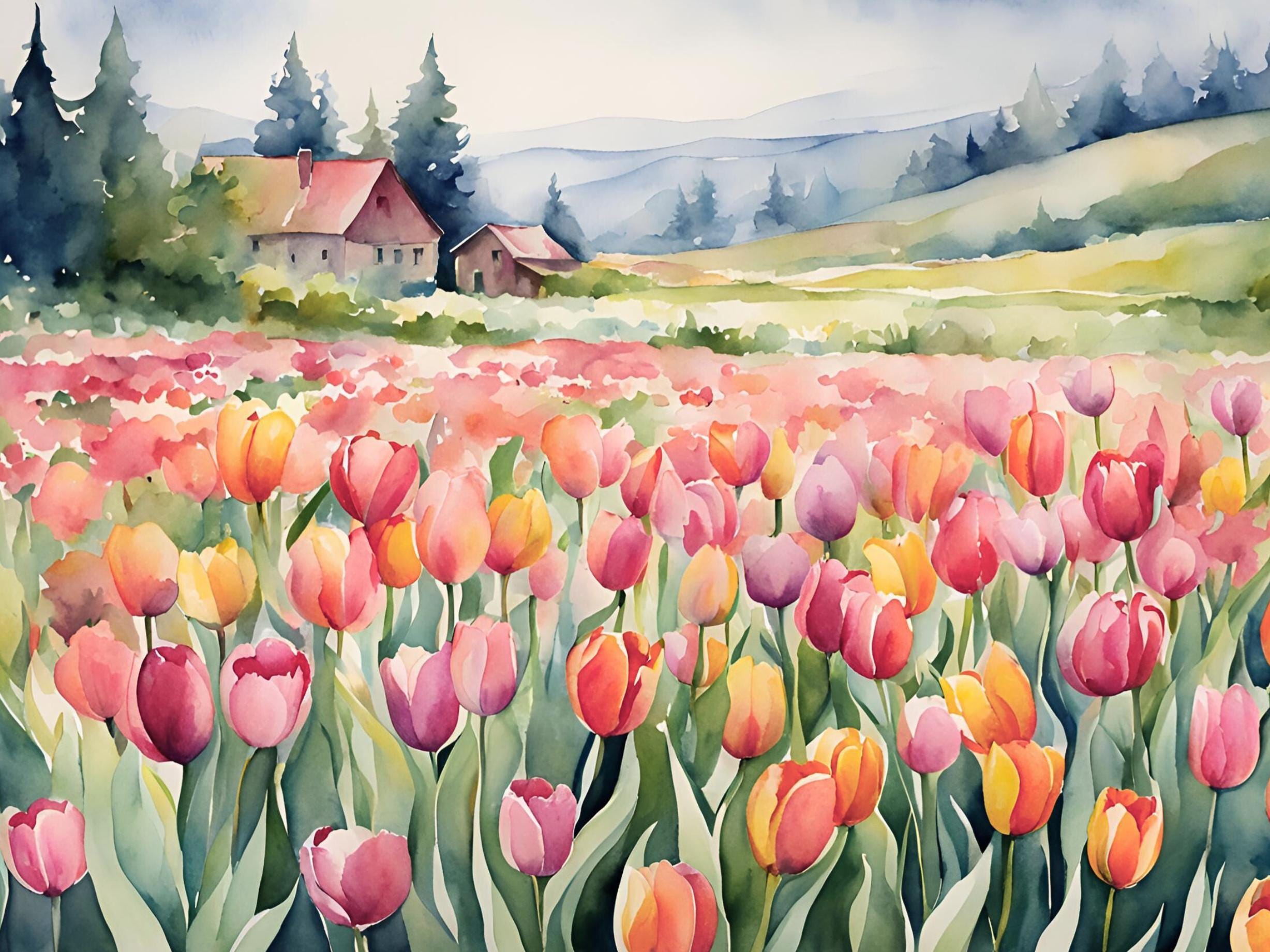 チューリップ畑の風景画アートプリント写真春の水彩画森の小屋カラフル