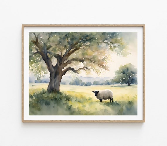 野原の羊の絵画水彩写真オークアートプリント夏の風景水彩写真プリント