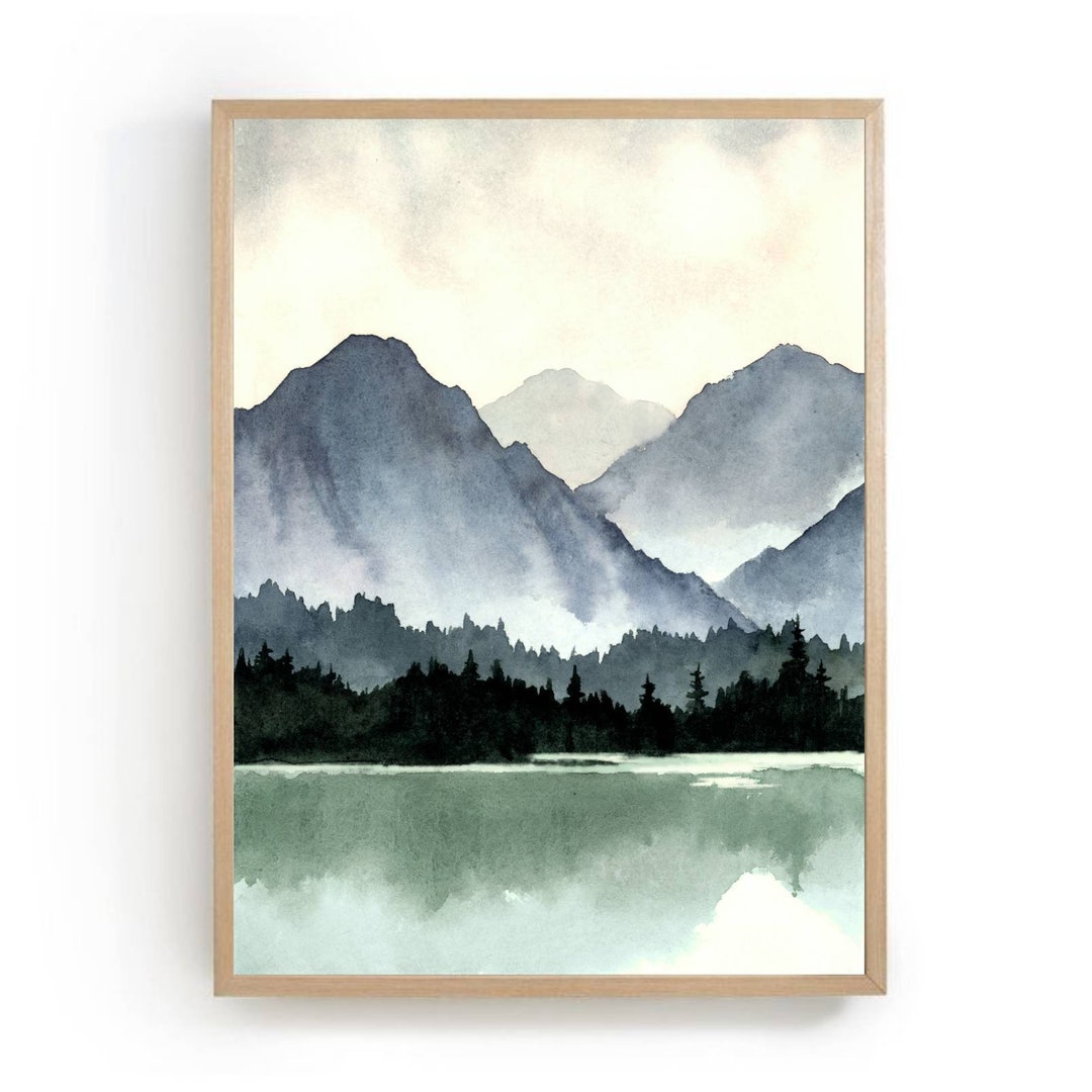 Mountain Lake Watercolor Landscape Pine Tree Wall Art Blue Green Art ...
