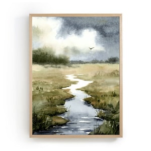 Rainy cloud painting river landscape art print watercolor painting indigo blue wall art farmhouse wall decor neutral wall art large poster
