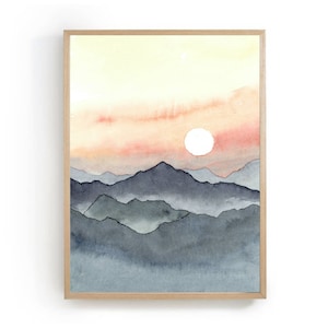 Sunrise mountains art print misty mountain wall art large boho artwork great smoky mountains poster neutral watercolor landscape