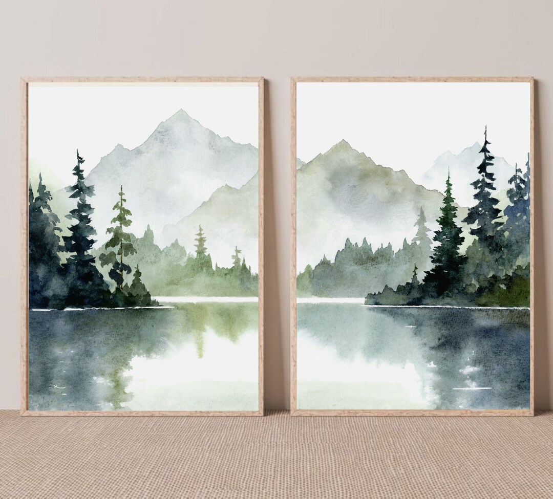 Mountain Lake Art Prints Set of 2 Watercolor Painting Teal Forest Wall ...