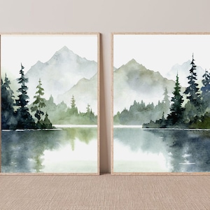 Ensemble de 2 images Mountain Lake Aquarelle Peintures Art Print Mountains Poster Ensemble de 2 Paysage forestier Minimaliste Bleu Vert Wall Art