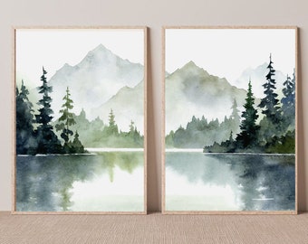 Mountain lake art prints set of 2 watercolor painting teal forest wall art pine tree painting foggy forest art misty mountain wall decor