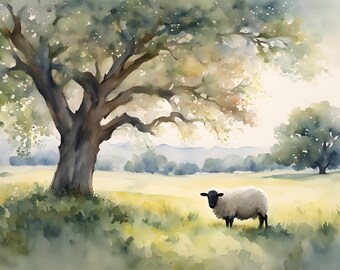 野原の羊の絵画水彩写真オークアートプリント夏の風景水彩写真プリント