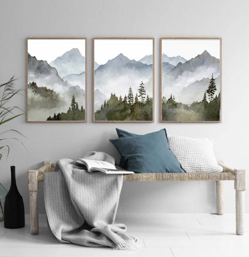 Blue mountain wall art set Mountain forest art prints Panoramic landscape Watercolor painting print 3 piece Minimalist wall decor image 1
