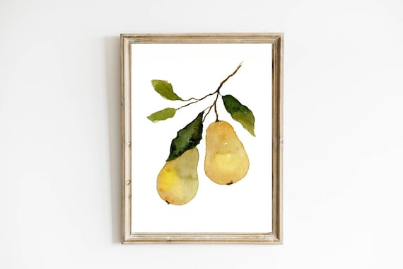 梨水彩画キッチンポスター XXL グリーンイエローベージュ果物写真