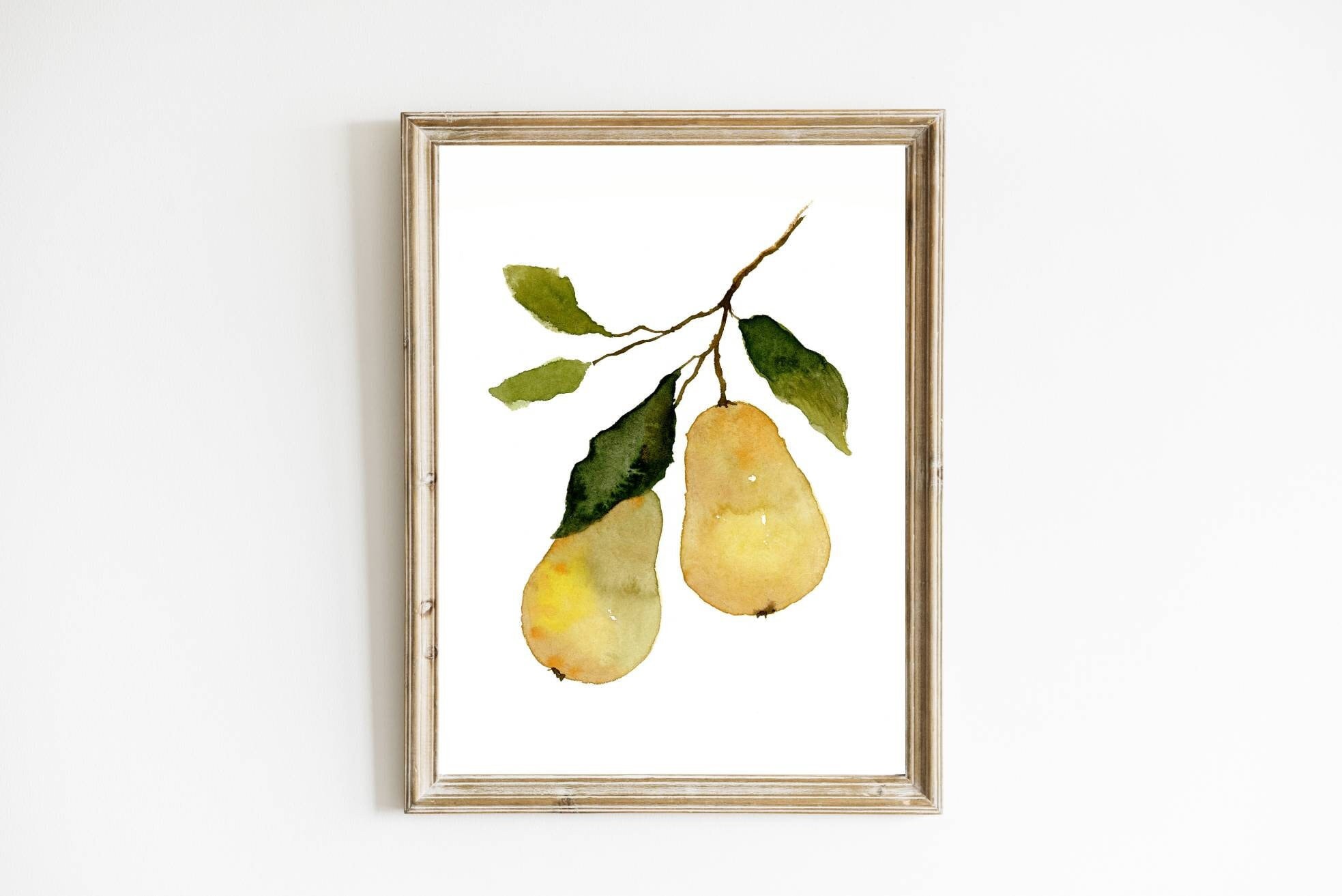 絵画　油絵　原画　一点物　北欧　フルーツ　洋梨　イエロー　グリーン　SM 梨水彩画キッチンポスター XXL グリーンイエローベージュ果物写真