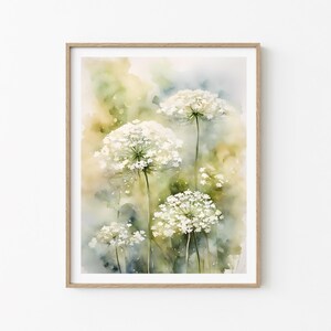 May include: Watercolour painting of white Queen Anne's Lace flowers with a green and yellow watercolour background.