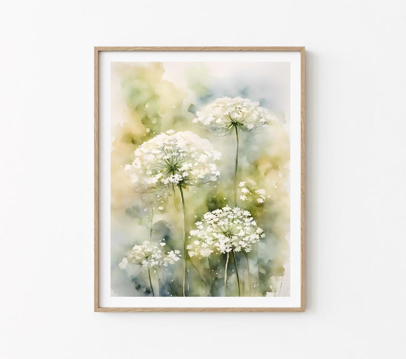 May include: Watercolour painting of white Queen Anne's Lace flowers with a green and yellow watercolour background.