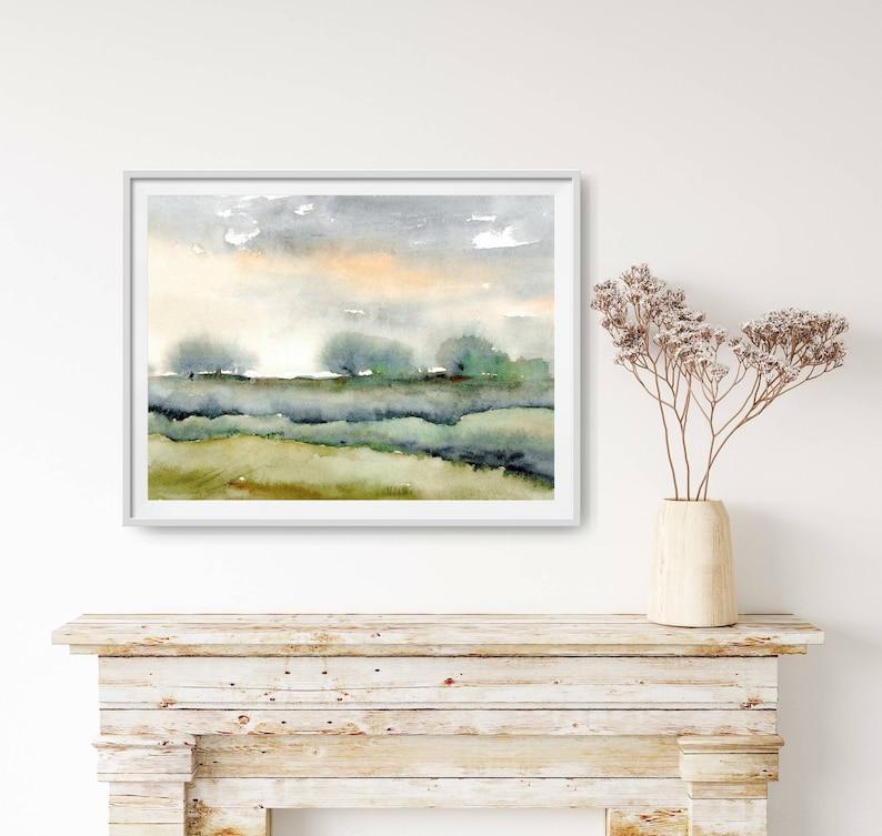 Watercolor landscape art print abstract painting blue green heels wall art panoramic landscape trees painting fine art print evening sky e image 3