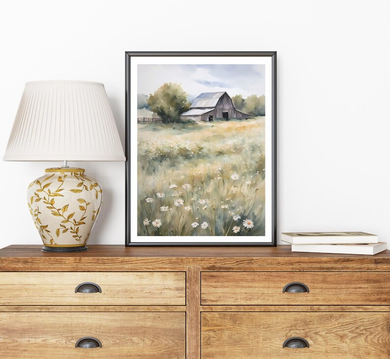 Old Barn Painting Daisy Field Watercolor Art Print Countryside ...
