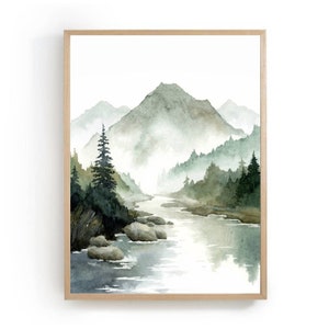 水彩写真山アートプリント水彩風景霧の森山川絵画写真リビングルーム緑青壁アート