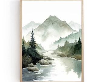 Mountain river painting print pine tree wall art watercolor landscape ever green forest art prints foggy mountains wall art