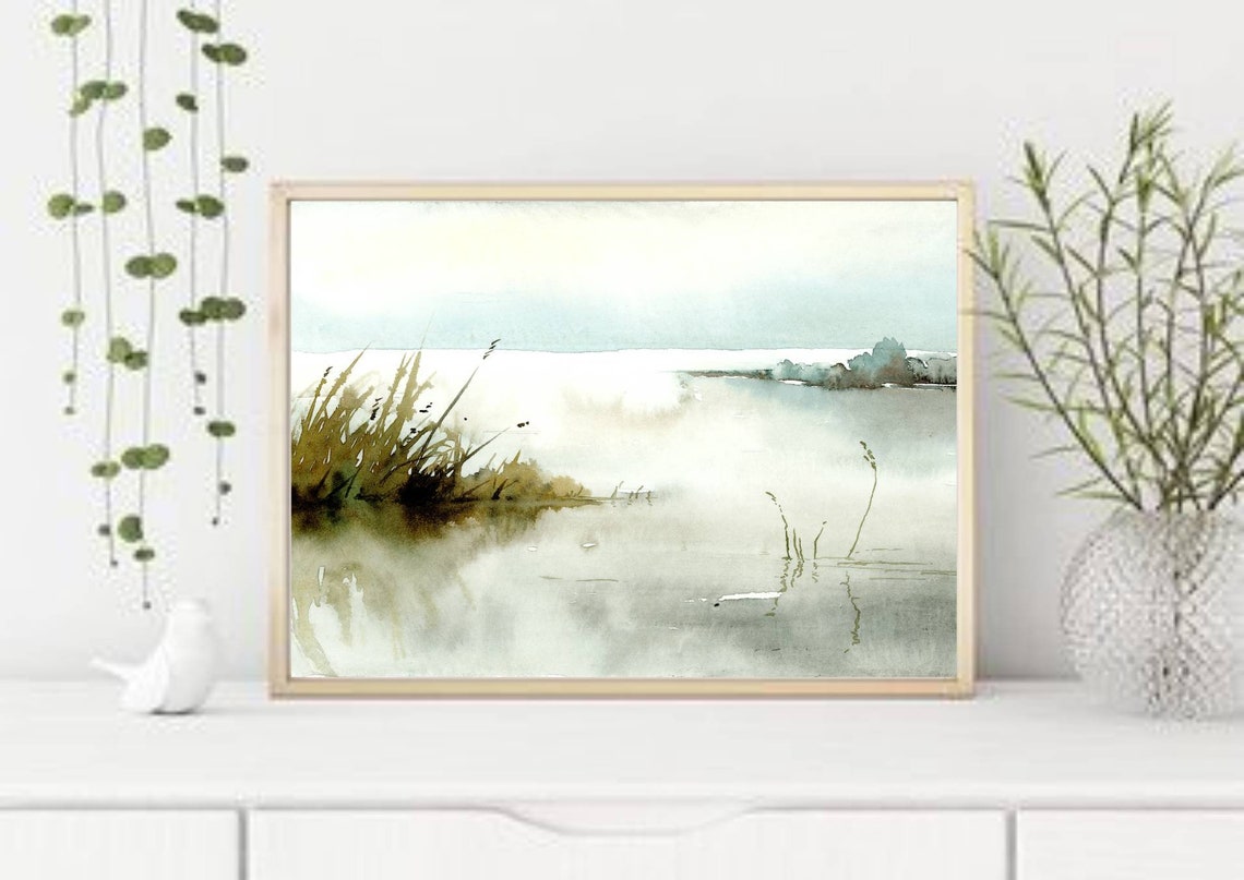 Watercolor Painting Light Blue Landscape Wall Art Sunrise Lake - Etsy