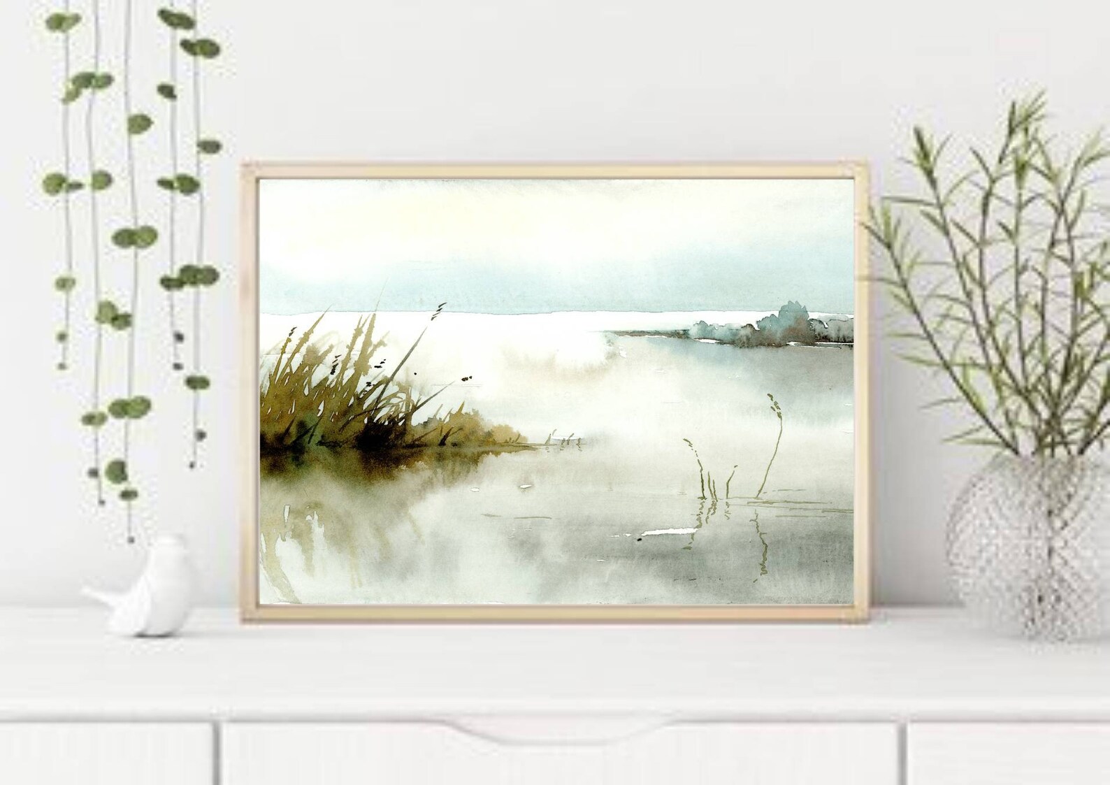 Watercolor Painting Light Blue Landscape Wall Art Sunrise Lake Etsy