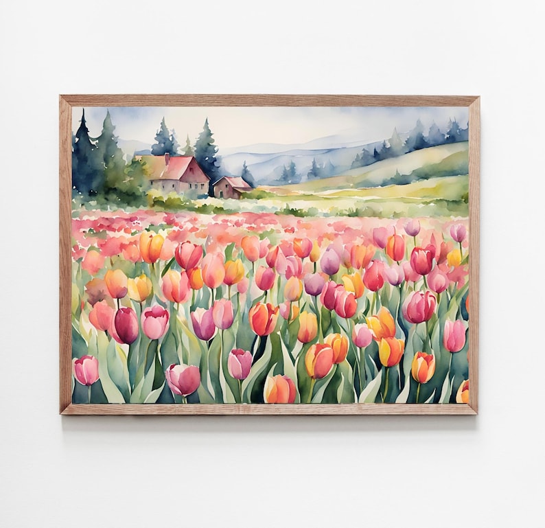 Tulip Field Art Print Spring Landscape Painting Pine Trees Watercolor ...