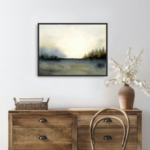 Misty forest print watercolor pine tree wall art watercolor landscape painting large neutral wall decor dark forest painting blue beige image 9